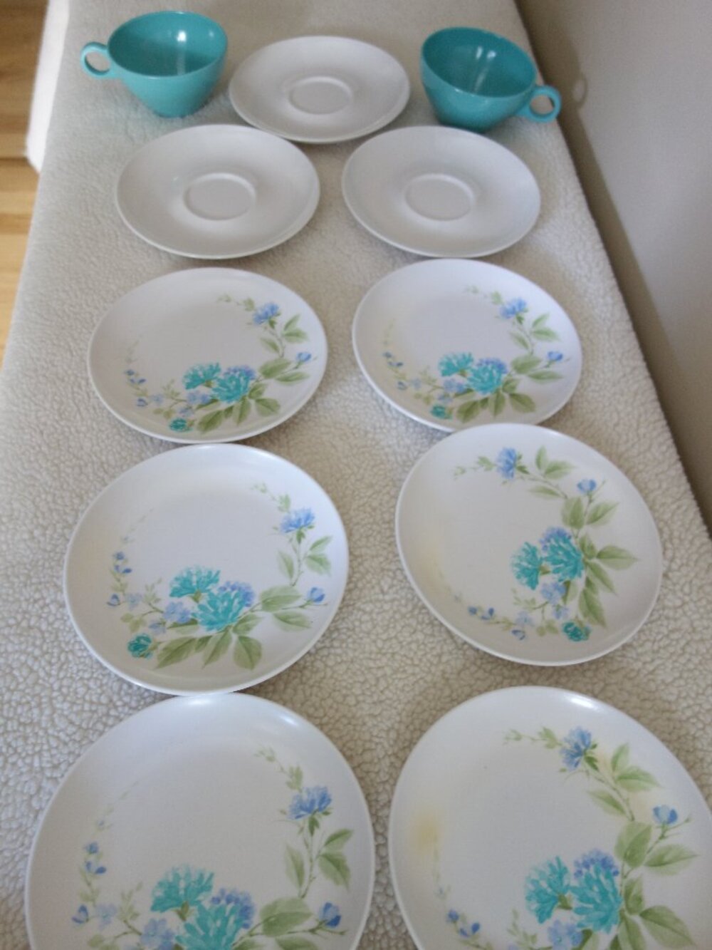 Vntg MCM MelMac Melamine 6 Dessert Plates / 2 Cups / 3 Saucers